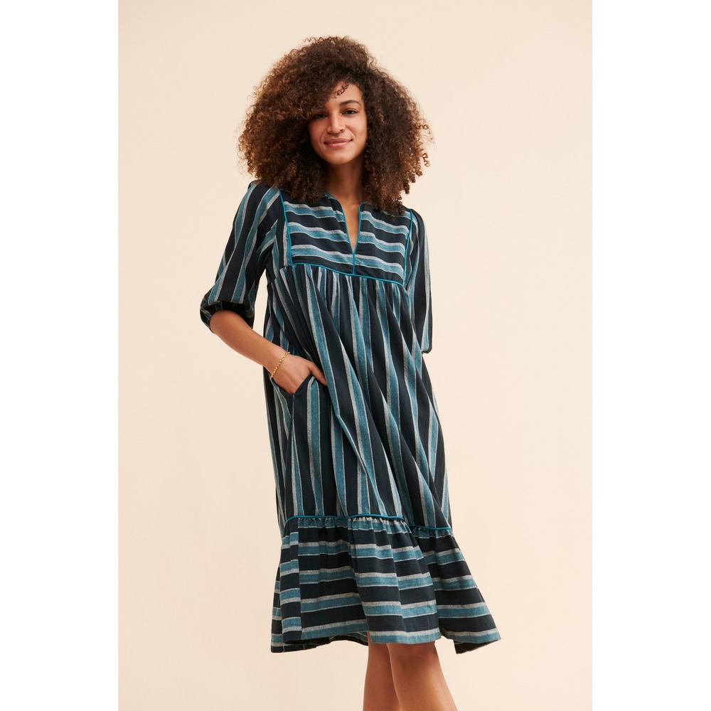 Saint Geraldine Poly Jean Navy Teal Striped Cotton Midi Dress Puff Sleeve Medium